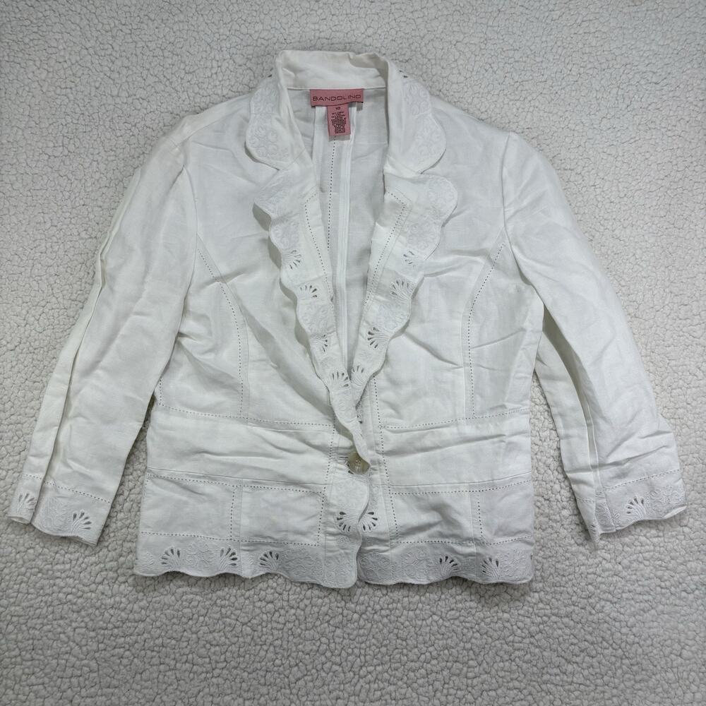 Bandolino Blazer Jacket Linen Womens 10 Eyelet Lace Embroidered Coastal Cottage